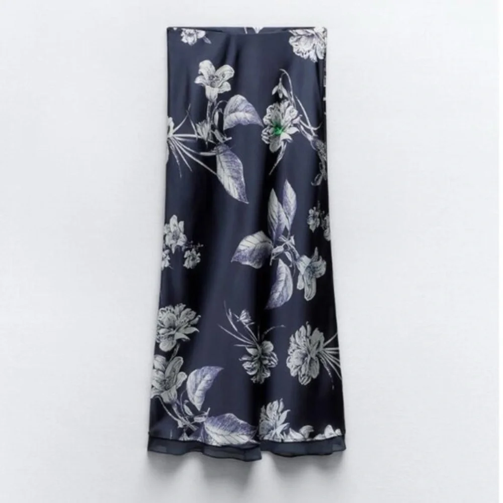 ZARA Floral Navy Silk Blue Skirt
